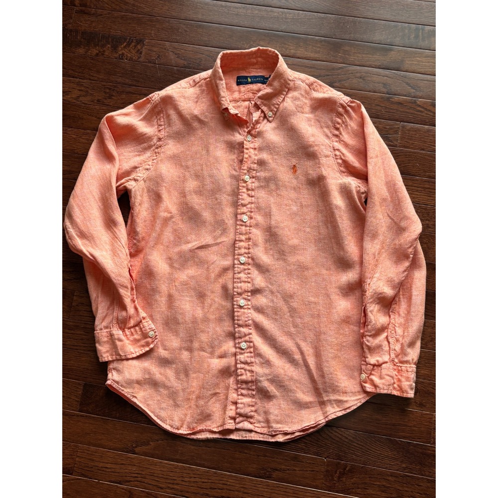 Ralph Lauren Mens Linen Button Down Shirt Orange Coral Long Sleeve Medium M